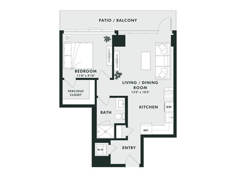 Floor plan for 1 bed, 1 bath, 618 sqft